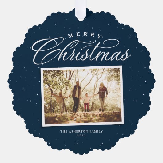 メリークリスマスエレガント4つの写真コラージュ海軍 オーナメントカード (正面)
