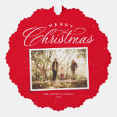 メリークリスマスエレガント4枚のコラージュ赤 オーナメントカード (正面)