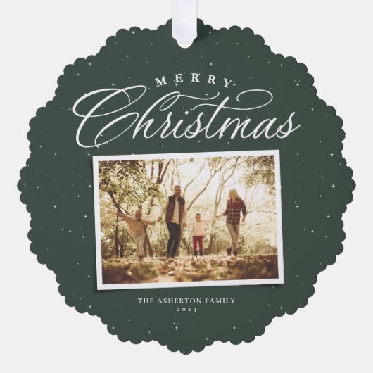 メリークリスマスエレガント4枚の写真コラージュ緑 オーナメントカード (正面)