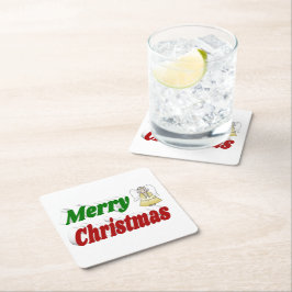 メリークリスマスエンジェルレッドグリーンタイポグラフィ スクエアペーパーコースター