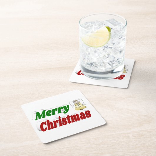 メリークリスマスエンジェルレッドグリーンタイポグラフィ スクエアペーパーコースター (インサイチュ)