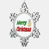 メリークリスマスエンジェルレッドグリーンタイポグラフィ スノーフレークピューターオーナメント (右)