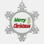 メリークリスマスエンジェルレッドグリーンタイポグラフィ スノーフレークピューターオーナメント (正面)