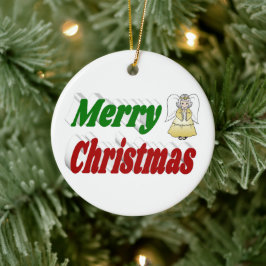 メリークリスマスエンジェルレッドグリーンタイポグラフィ セラミックオーナメント