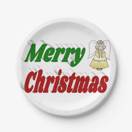 メリークリスマスエンジェルレッドグリーンタイポグラフィ ペーパープレート (正面)