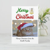 メリークリスマスエンジェル写真赤い緑のスクリプト シーズンカード (スタンド正面)