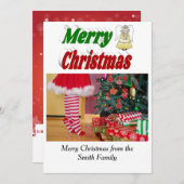 メリークリスマスエンジェル写真赤グリーンタイポグラフィ シーズンカード (正面/裏面)