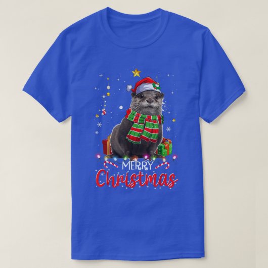 メリークリスマスオッタサンタハットツリーライツパジャマ Tシャツ (デザイン正面)