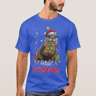 メリークリスマスオッタサンタハットツリーライツパジャマ Tシャツ