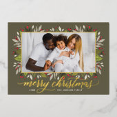 メリークリスマスオリーブグリーン金ゴールドエレガントスクリプト 箔シーズンカード (正面)