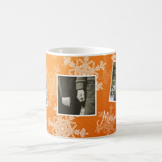 メリークリスマスオレンジの雪片フォトコラージュ コーヒーマグカップ (中央)