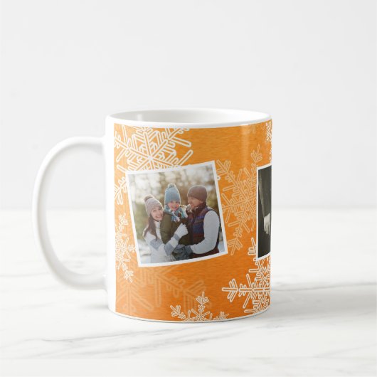 メリークリスマスオレンジの雪片フォトコラージュ コーヒーマグカップ (左)