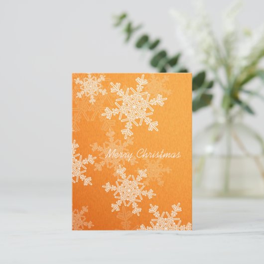 メリークリスマスオレンジ白い雪片ミニマリスト シーズンポストカード (スタンド正面)