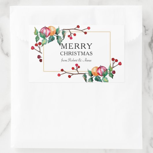 メリークリスマスオーナメントとベリー金ゴールドフレーム 長方形シール (バッグ)