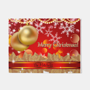 メリークリスマスオーナメントと雪片 ドアマット