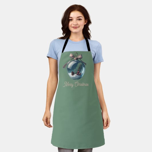 メリークリスマスオーナメントエプロン – フェスティバルホリデー エプロン (着用した状態)