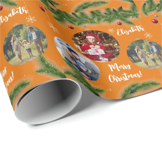 メリークリスマスオーナメントカスタムスノーフレークオレンジ ラッピングペーパー (ロールコーナー)