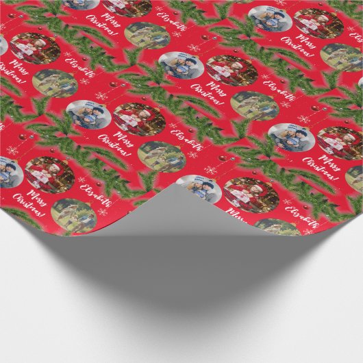 メリークリスマスオーナメントカスタムスノーフレークレッド ラッピングペーパー (角)