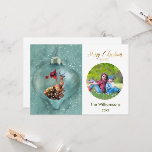 メリークリスマスオーナメントトナカイ家族写真 カード (正面/裏面インサイチュ)