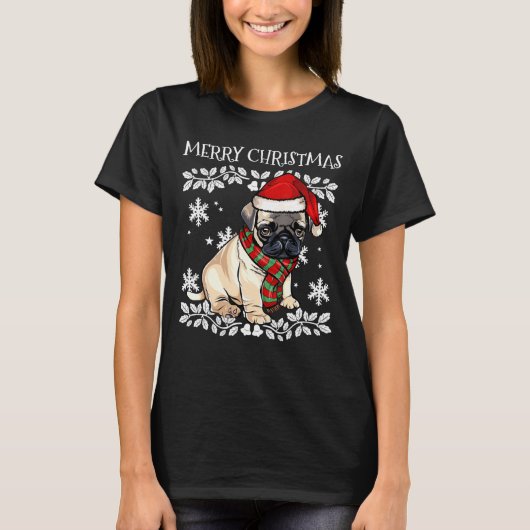 メリークリスマスオーナメントプグクリスマスサンタ Tシャツ (正面)