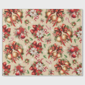 メリークリスマスオーナメントホリーベリーポインセチア ラッピングペーパー (フラット)