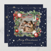 メリークリスマスオーナメントホリーリースブルー写真 シーズンカード (正面/裏面)