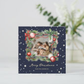 メリークリスマスオーナメントホリーリースブルー写真 シーズンカード (スタンド正面)