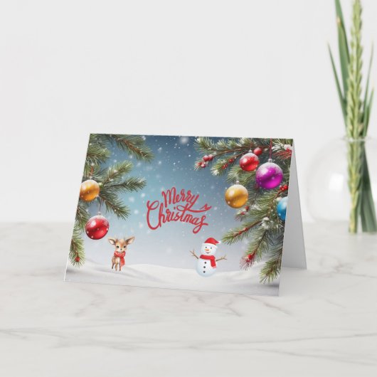 メリークリスマスオーナメント、雪だるま、トナカイ シーズンカード (正面)