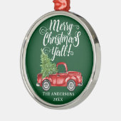 メリークリスマスオールレッドトラックラウンド・グリーン メタルオーナメント (左)