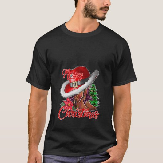 メリークリスマスカウボーイブーツクリスマスツリーライトカウグ Tシャツ (正面)