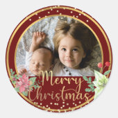 メリークリスマスカスタムの写真バーガンディーレッド&金ゴールド ラウンドシール (正面)