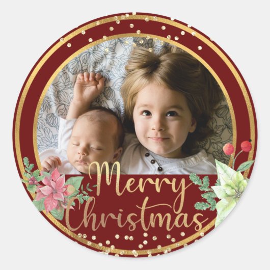 メリークリスマスカスタムの写真バーガンディーレッド&金ゴールド ラウンドシール (正面)