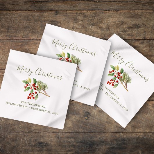 メリークリスマスカスタムクリスマスレッドホリーベリー スタンダードカクテルナプキン