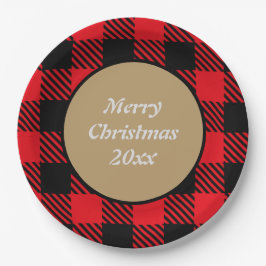 メリークリスマスカスタムバッファロー格子模様ブラックレッド ペーパープレート