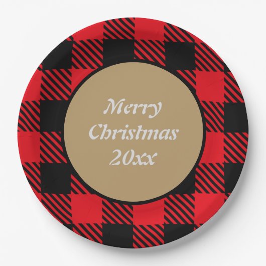 メリークリスマスカスタムバッファロー格子模様ブラックレッド ペーパープレート (正面)
