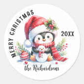 メリークリスマスカスタムフェスティバルかわいいペンギン ラウンドシール (正面)
