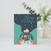 メリークリスマスカッコいい冬テーマギフトガール写真 シーズンポストカード (スタンド正面)