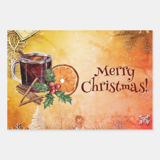 メリークリスマスカップオレンジホリーベリーシナモン ラッピングペーパーシート (正面)