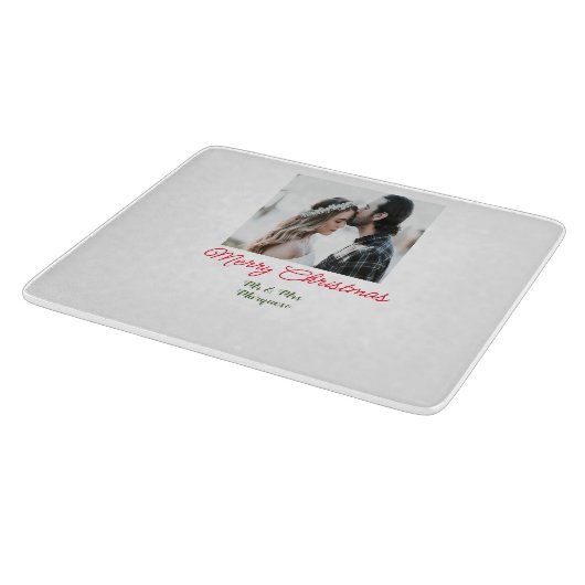 メリークリスマスカップルの写真を追加の名前happy holida カッティングボード (角)