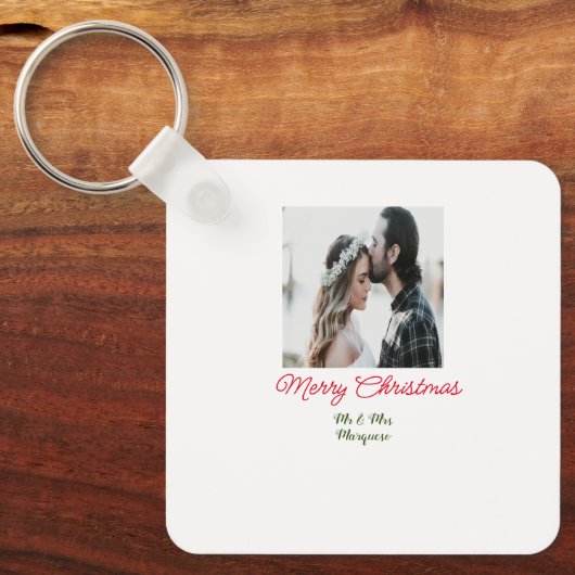 メリークリスマスカップルの写真を追加の名前happy holida キーホルダー (正面)