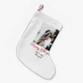 メリークリスマスカップルの写真を追加の名前happy holida スモールクリスマスストッキング (正面 (吊り時))