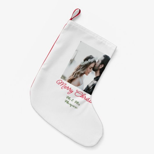 メリークリスマスカップルの写真を追加の名前happy holida スモールクリスマスストッキング (正面 (吊り時))