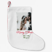 メリークリスマスカップルの写真を追加の名前happy holida スモールクリスマスストッキング (正面)