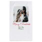 メリークリスマスカップルの写真を追加の名前happy holida スモールペーパーバッグ (裏面)