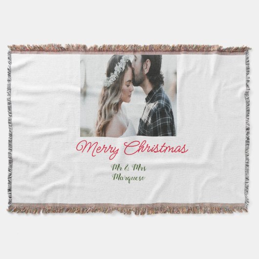 メリークリスマスカップルの写真を追加の名前happy holida スローブランケット (正面)