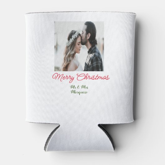 メリークリスマスカップルの写真を追加の名前happy holida 缶クーラー (正面)