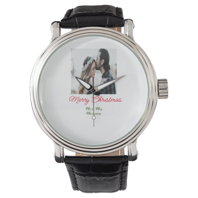 メリークリスマスカップルの写真を追加の名前happy holida 腕時計 (正面)