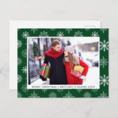 メリークリスマスカップル写真雪片グリーン シーズンポストカード (正面/裏面)