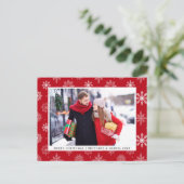 メリークリスマスカップル写真雪片レッド シーズンポストカード (スタンド正面)