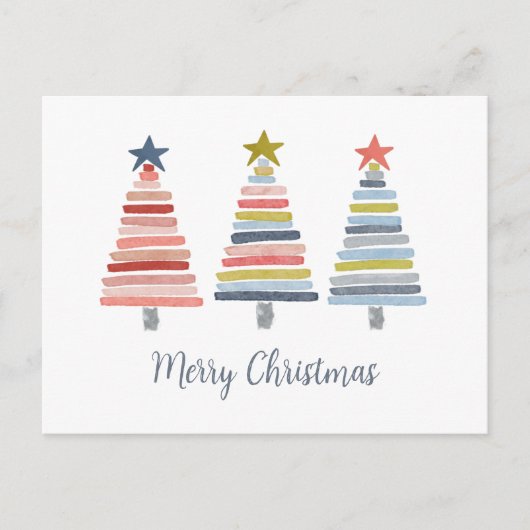 メリークリスマスカラフルの積み重ね木 シーズンポストカード (正面)